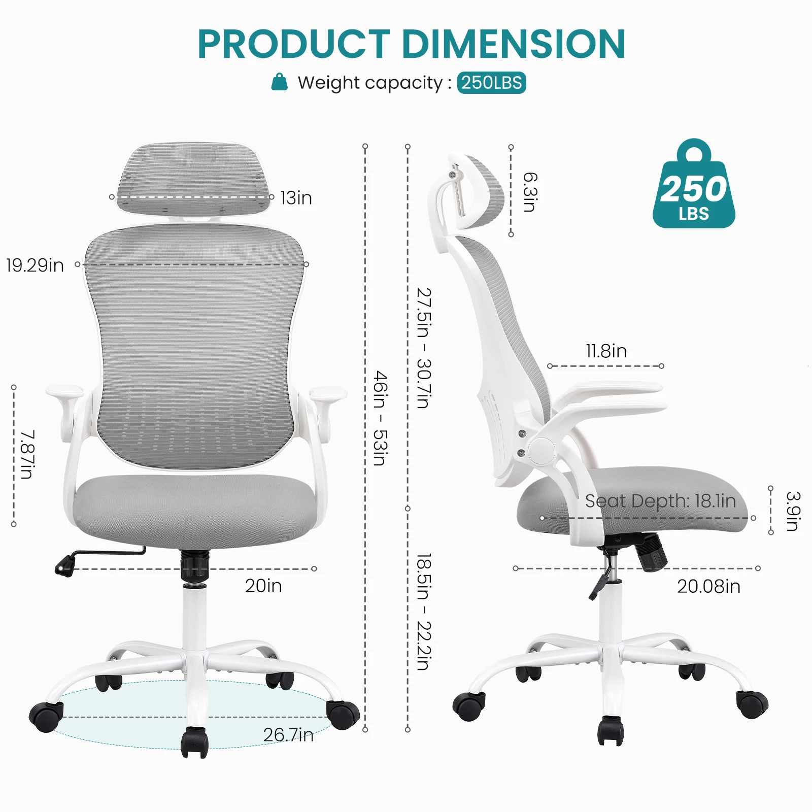 JHK Mesh Flip-up Arms Computer Desk Chair Ergonomic Office Chair with Lumbar Support Adjustable Headrests High-Back Rolling Work Office Chair For Home Office