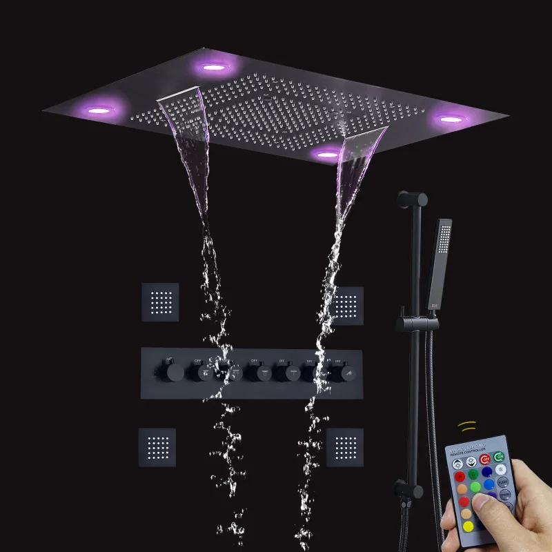 

Black canopy type concealed shower top spray LED constant temperature multi-functional waterfall massage shower