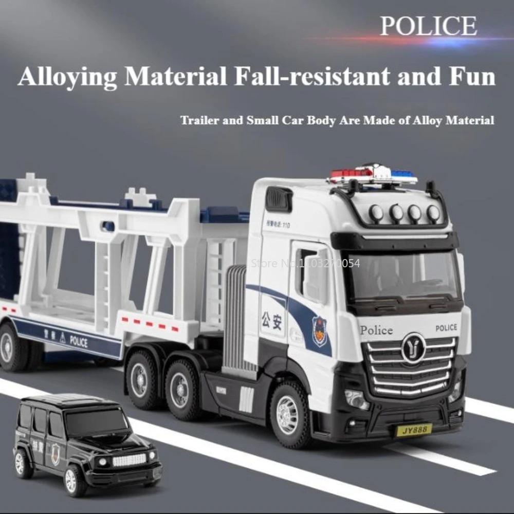 1/50 Police Trailer Car Model Alloy Diecast Toy Adjustable Multiple Joints Double-layer Frame Door Opening Sound Light Toy Gifts