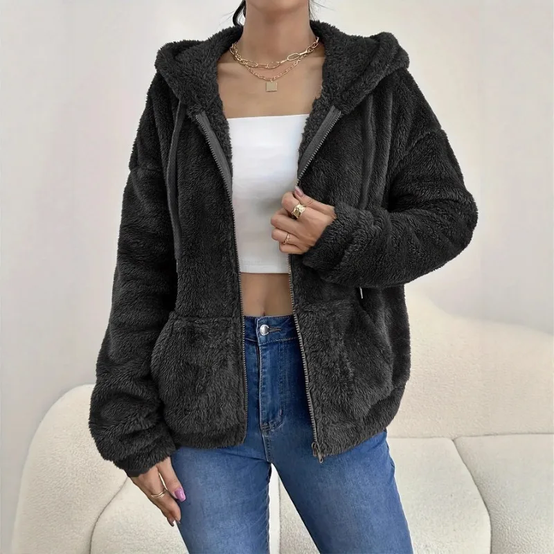 

Autumn Winter New Fashion Versatile Solid Color Women Jacket Pocket Hooded Zipper Cardigan Casual Loose Plush Women Top
