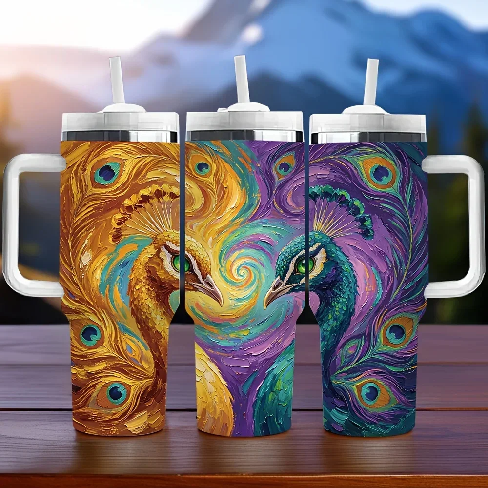 40oz Insulated Tumbler with Handle, Artistic Spiral Peacock Print, Perfect As Holiday And Birthday Gift, Suitable for All People Who Love Peacock Art, for Daily Use, Outdoor Travel And Indoor Office Scenarios