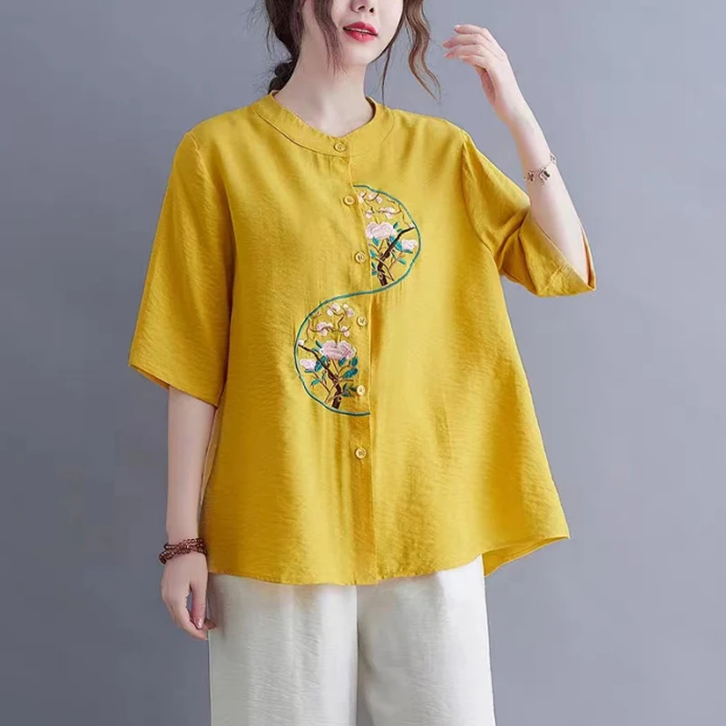 New Summer Women\'s Chinese Ethnic Style Embroidery Shirt Vintage Stand Collar Cotton Linen Blouse Ladies Loose Short Sleeve Tops