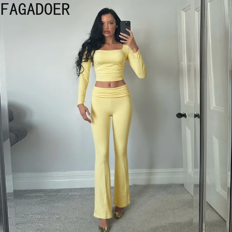 FAGADOER Casual Sporty 2 Pieces Set for Woman Solid Color Square Neck Long Sleeves Crop Top and Pants Outfits Female Streetwear