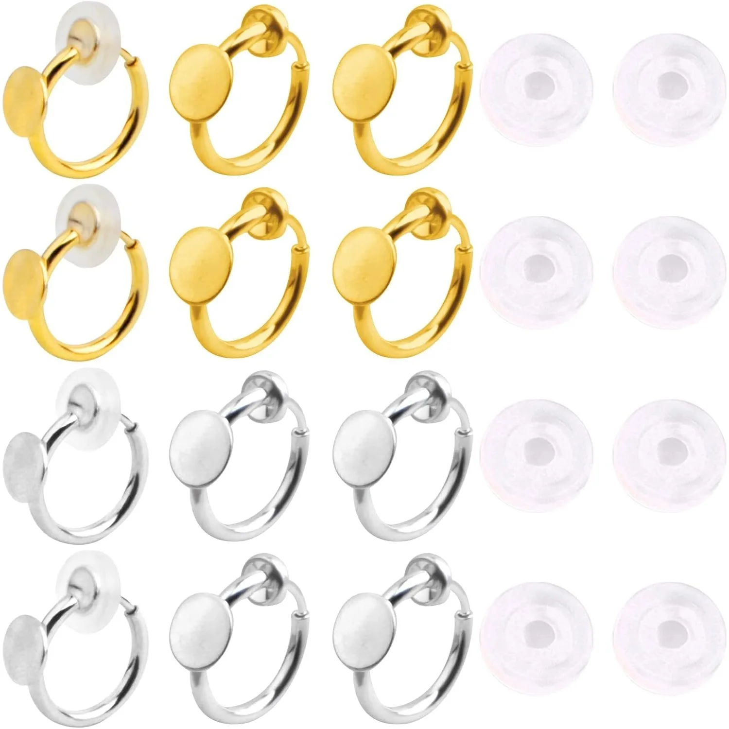 

12pcs Converters Brass Earring Clips Components with Flat Round Pad and 12pcs Clear Earring Cushions for Non-Pierced Ears