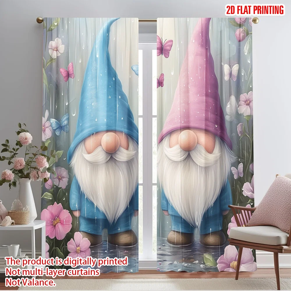 2pcs,2D plane printing Curtain Popular Cute Gnomes Butterflies Rain Flowers_a (3) 100% Polyester (without rod) Art Deco Festive