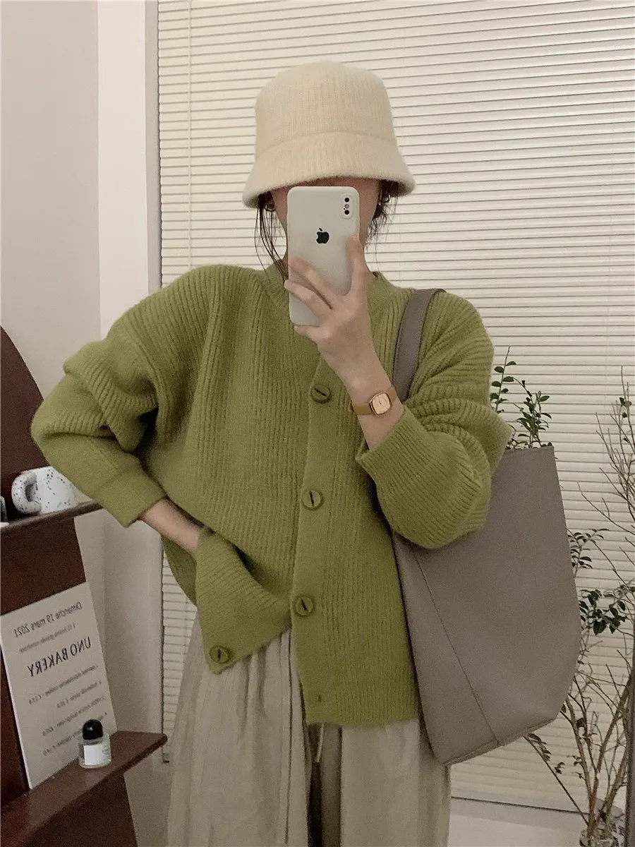 Retro Military Green Knitted Cardigan 2024 New Autumn Women's Single Breasted Soft Loose Sweater Casual Lazy Style Jacket Trend