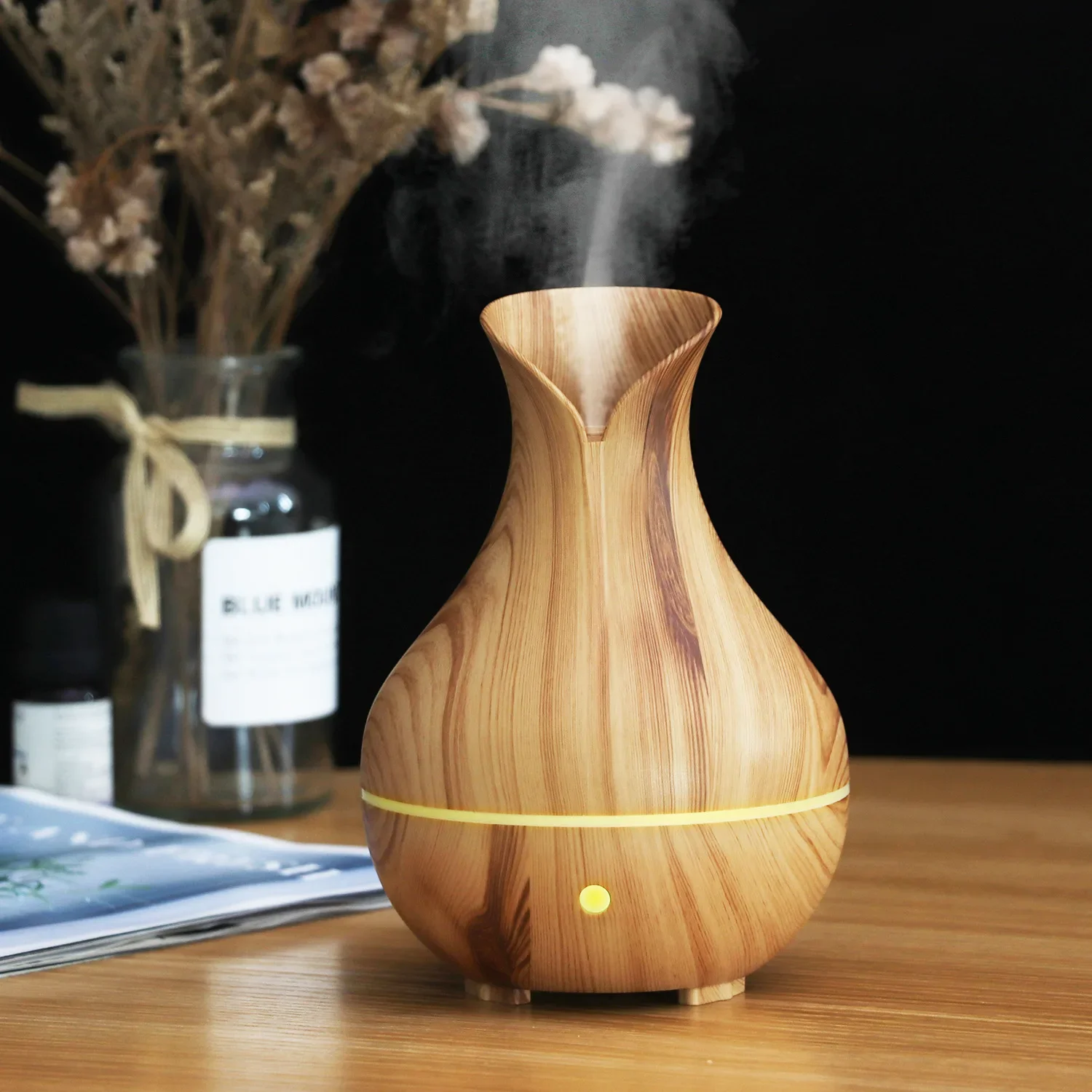 Mini 140ml USB Flower Vase Aroma Diffuser Wood Grain Ultrasonic Essential Oil Humidifier with 7 Colors LED Lamp for Home Room