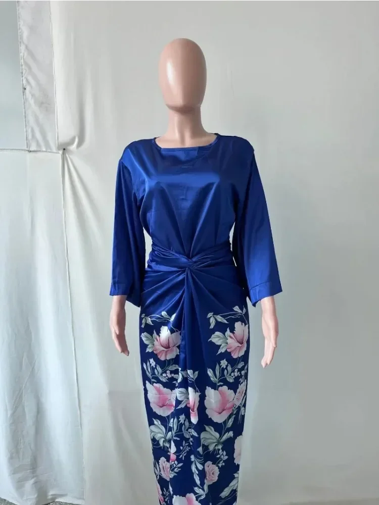 

Fashion O-neck Bell Sleeve Top + Skirt 2-piece Set For Women Elegant Floral Printing Elegant Lace Up Casual Dresses Suit Female