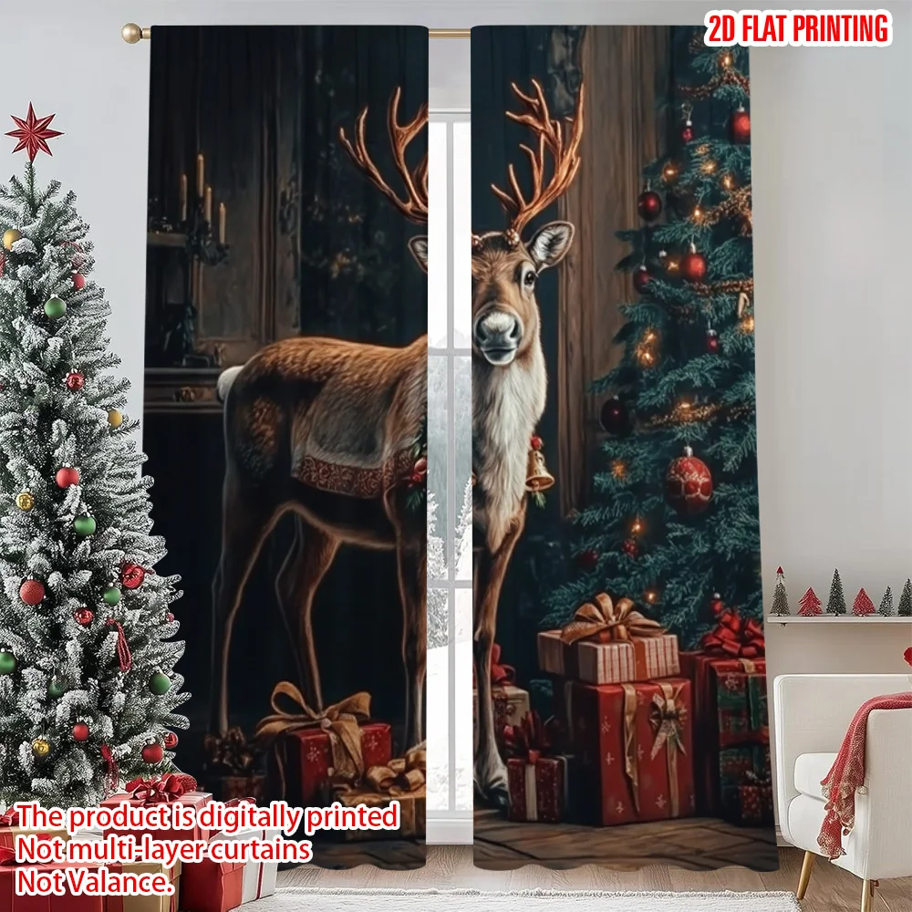 

2pcs 2D flat printing Christmas Curtains Colored deer Versatile Polyester Fabric Without Electricity Holiday Decorations Use for