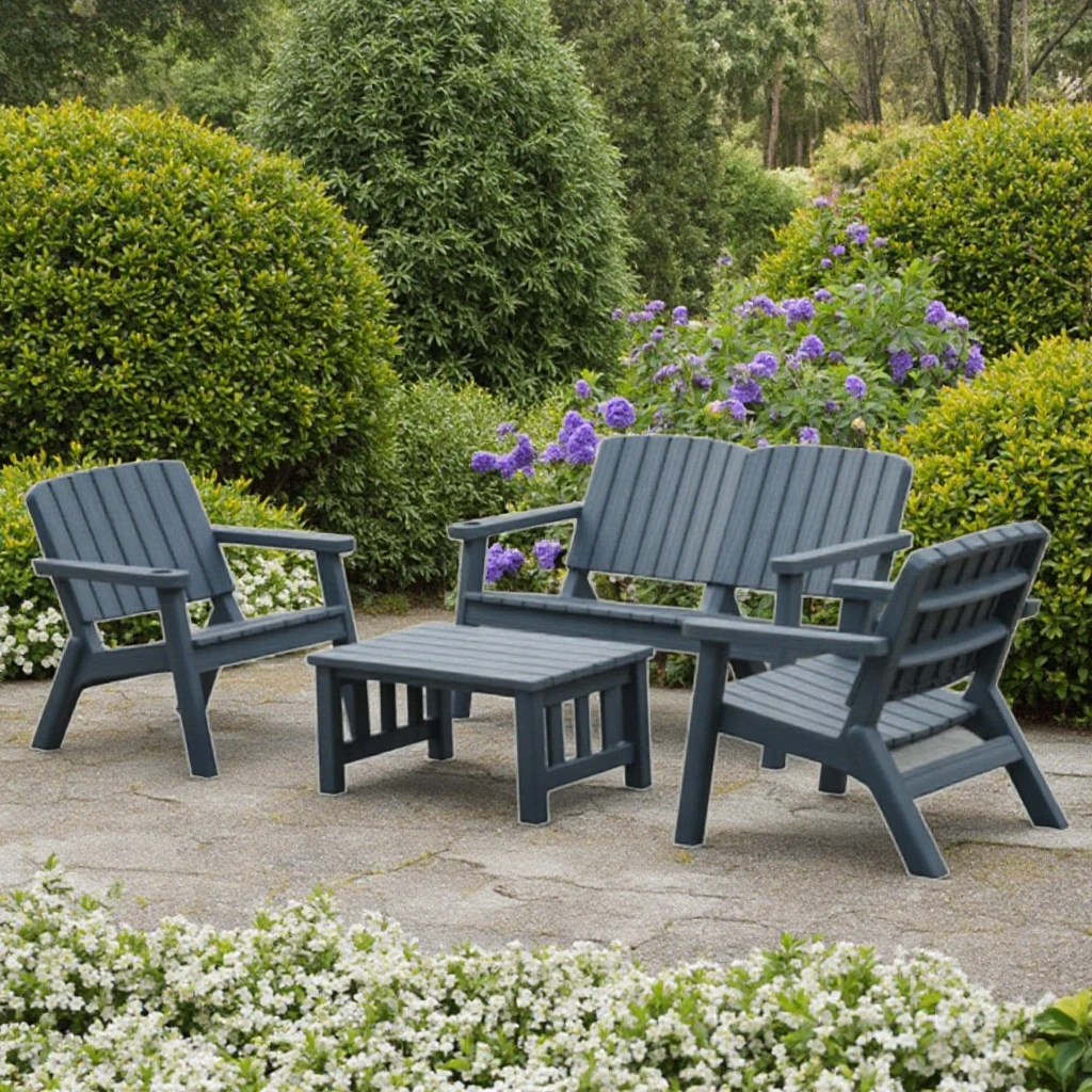 

Wood Grain Design Outdoor Garden Patio KD Sofa Set PP Plastic Chair Set Stylish Garden Furniture