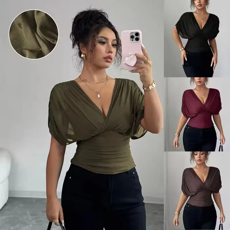 

Women's Sexy Deep V-Neck Ruched T-Shirt Waist-Cinching Lace Up Ruffle Short Sleeve Skinny Tops 2026 Summer Elegant Street Tees