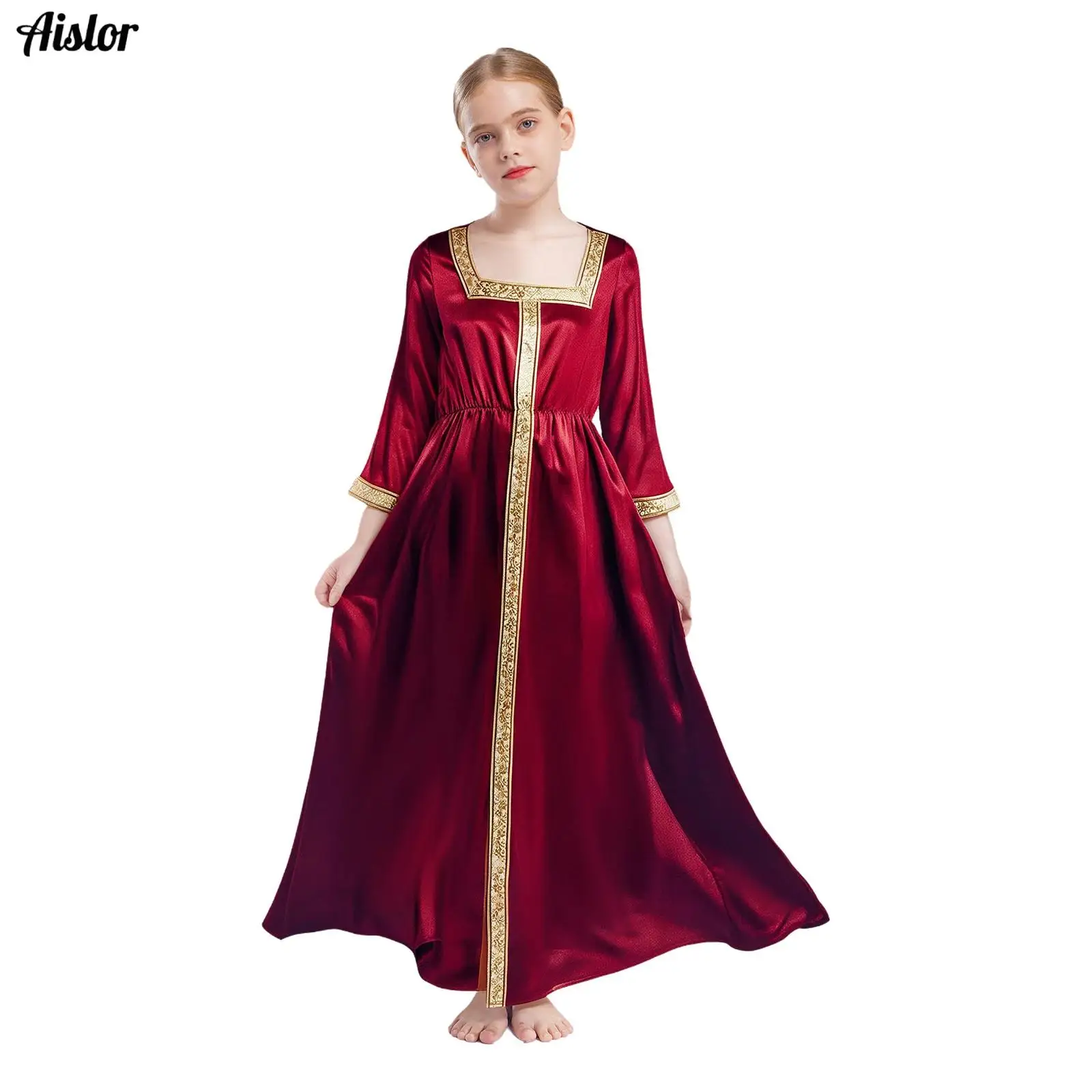 

Kids Girls Abaya Dress 3/4 Sleeve Square Collar Ramadan Arabic Muslim Maxi Dress for Halloween Theme Party Masquerade Cosplay