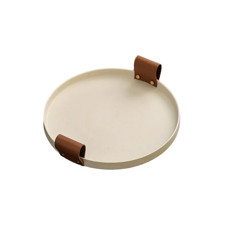 صينية شاي Wabi-Sabi الرمادية بمقبض جلدي عتيق، طبق تخزين الوجبات الخفيفة الفني للاستخدام المنزلي #6