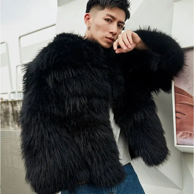 Winter 2024 New Men's Imitation Fox Raccoon Fur Jacket Medium Length  Cotton and Thick Black  Integrated Men Coat A222