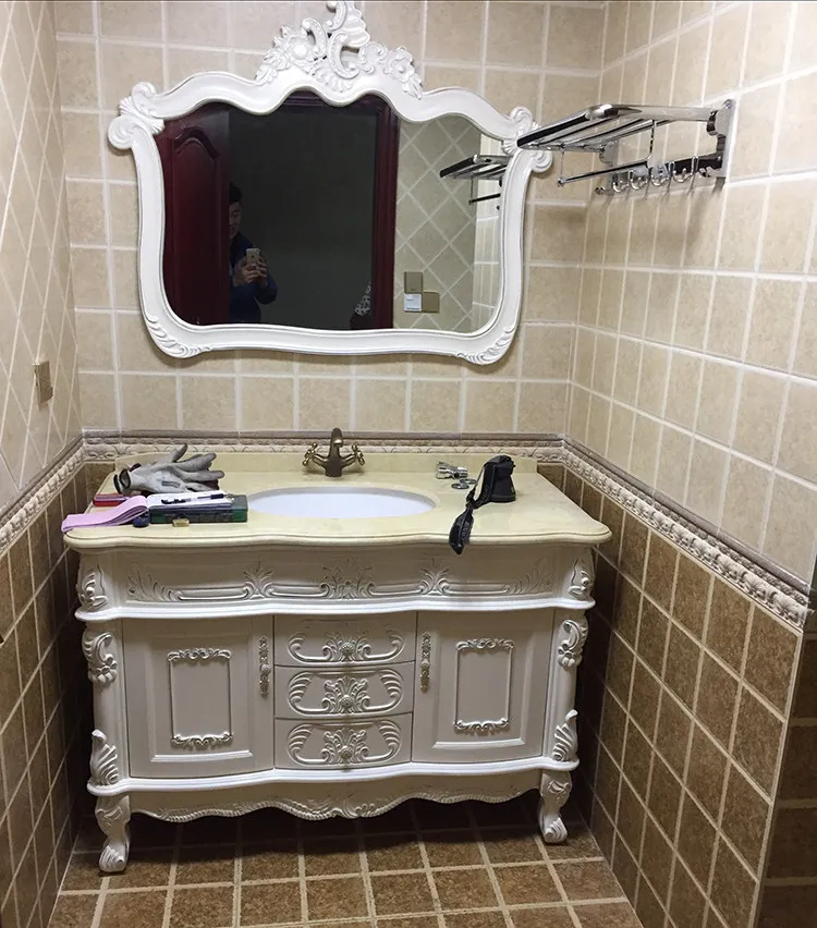 European-style double bowl bathroom vanity set - oak washbasin cabinet - solid wood floor-standing bathroom cabinet