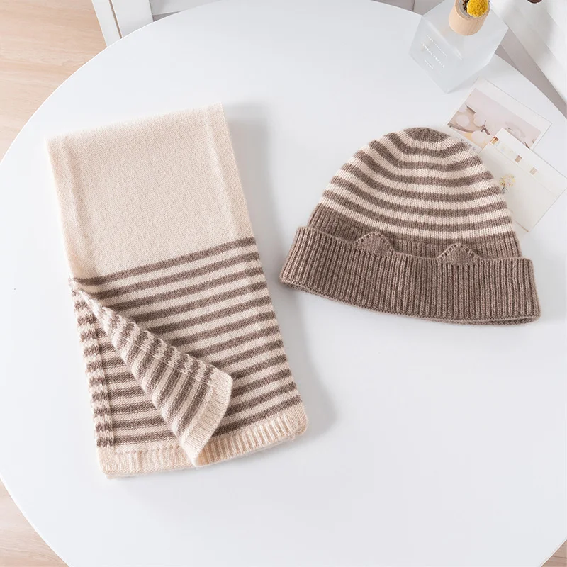 Two-Tone Striped Children'S Hat Muffler Unisex 100% Pure Cashmere Wavy Brim Knitted Warm Cold Weather Hat scarf