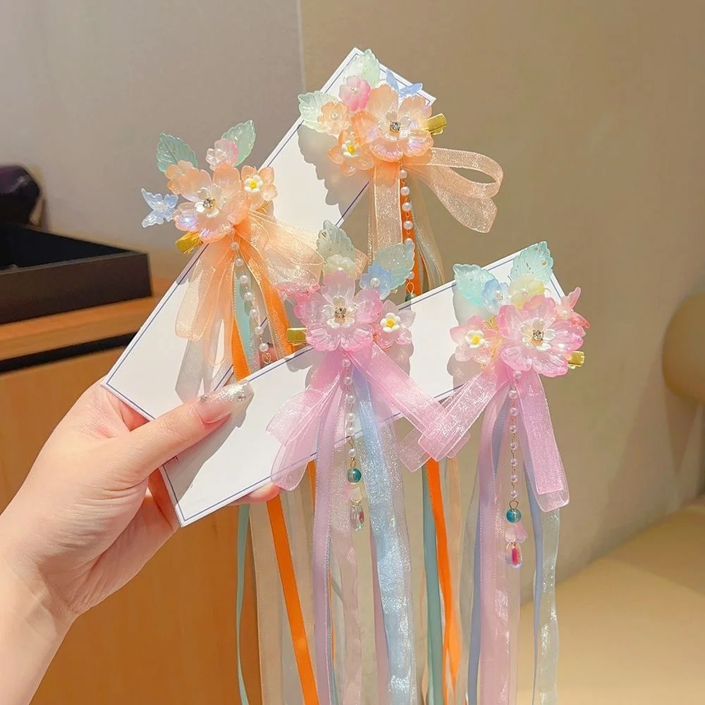 

Заколки для волос с цветочным принтом Fairycore и лентами — традиционные китайские аксессуары для волос Hanfu для девочек, подарок