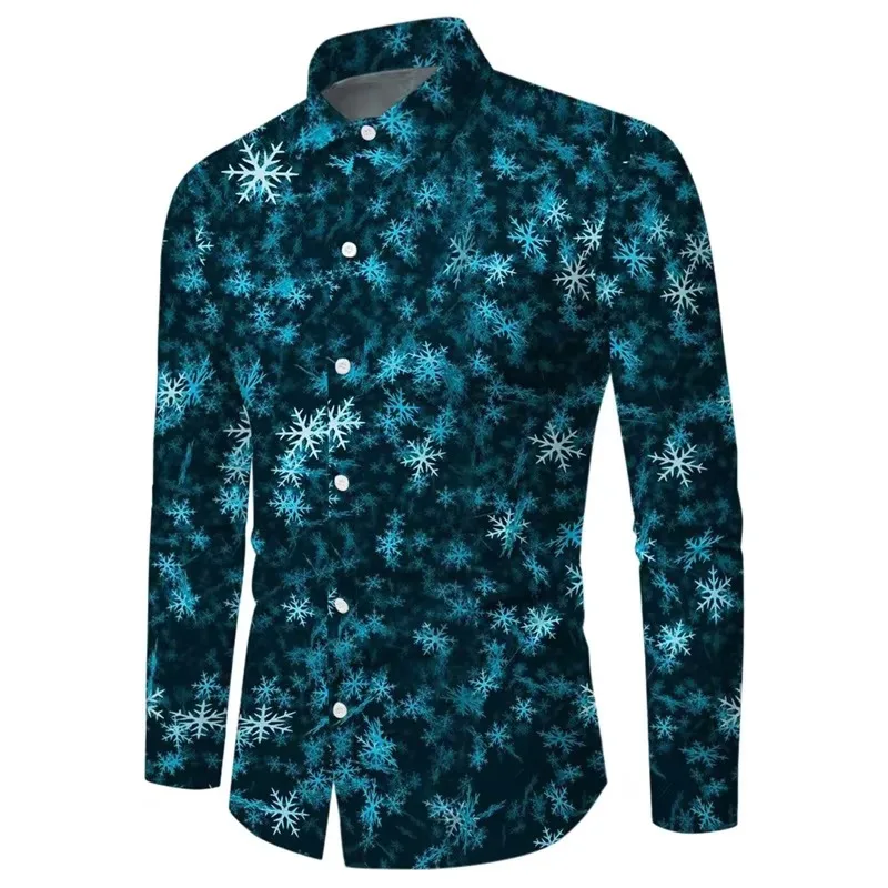 Christmas Snowflake Pattern Long Sleeve Shirts For Men Casual Oversized Button Up Party Shirts Tops Mens Tees Blouse Streetwear