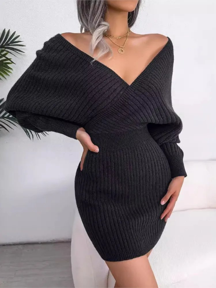 Autumn Winter Sexy Cross V-neck Bat Sleeve Sweater Wrap Hip Skirt Women's Solid Color High Waist Personality Long-sleeved Dress