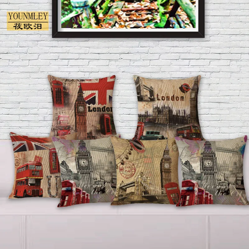 

Cozy couch cushion cover European Retro style London Paris Printed Home Decorative pillows 45x45cm Car/bed Pillowcase 18" MYJA