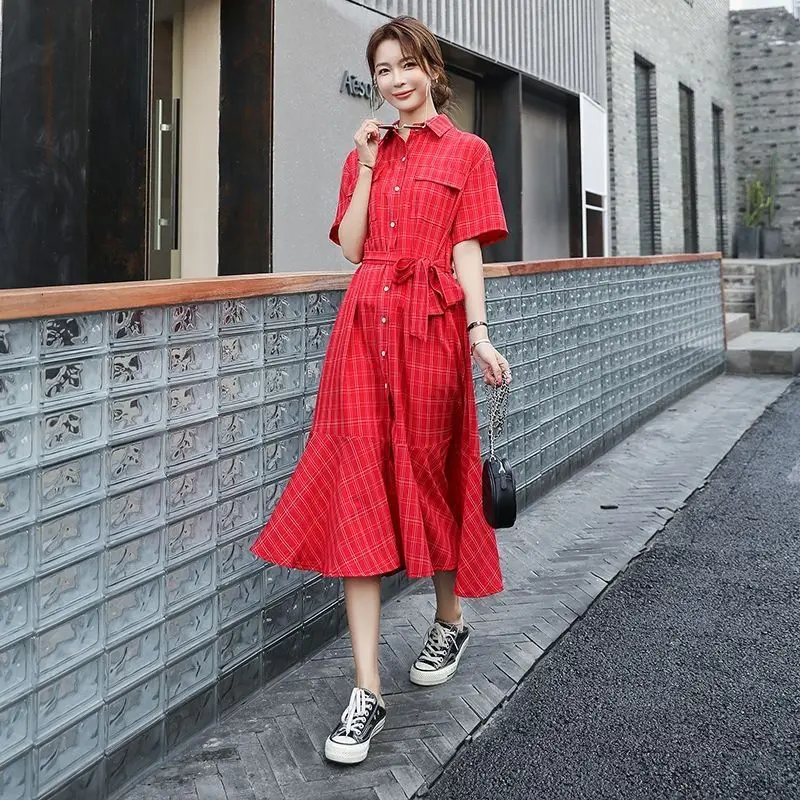 Mode Revers Knopf Taschen Bandage Plaid Hemd Kleid weibliche Kleidung Sommer neue lose koreanische Meerjungfrau Freizeit kleider