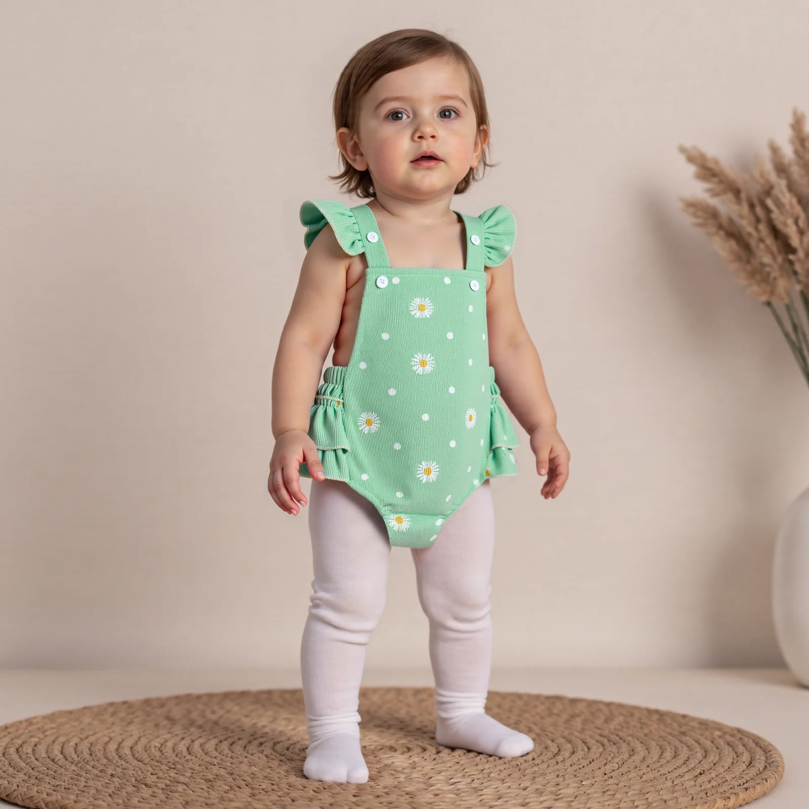 طفلة الخريف الملابس أزياء ديزي دوت طباعة أكمام ساحة طوق رومبير اللباس