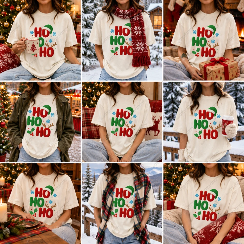 Ho Ho Ho Elf Hat Reindeer Antler Christmas Cotton TShirt Funny Xmas Holiday Winter Family Matching Cute Festive Graphic Gift Tee