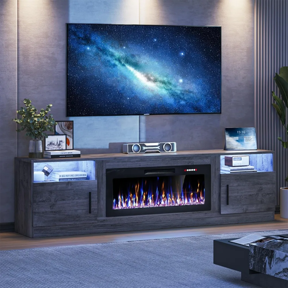 

Glass Fireplace TV Stand for TVs Up To 65 Inches, Media Entertainment Center Console with Enclosed Storage Cabinet Doors