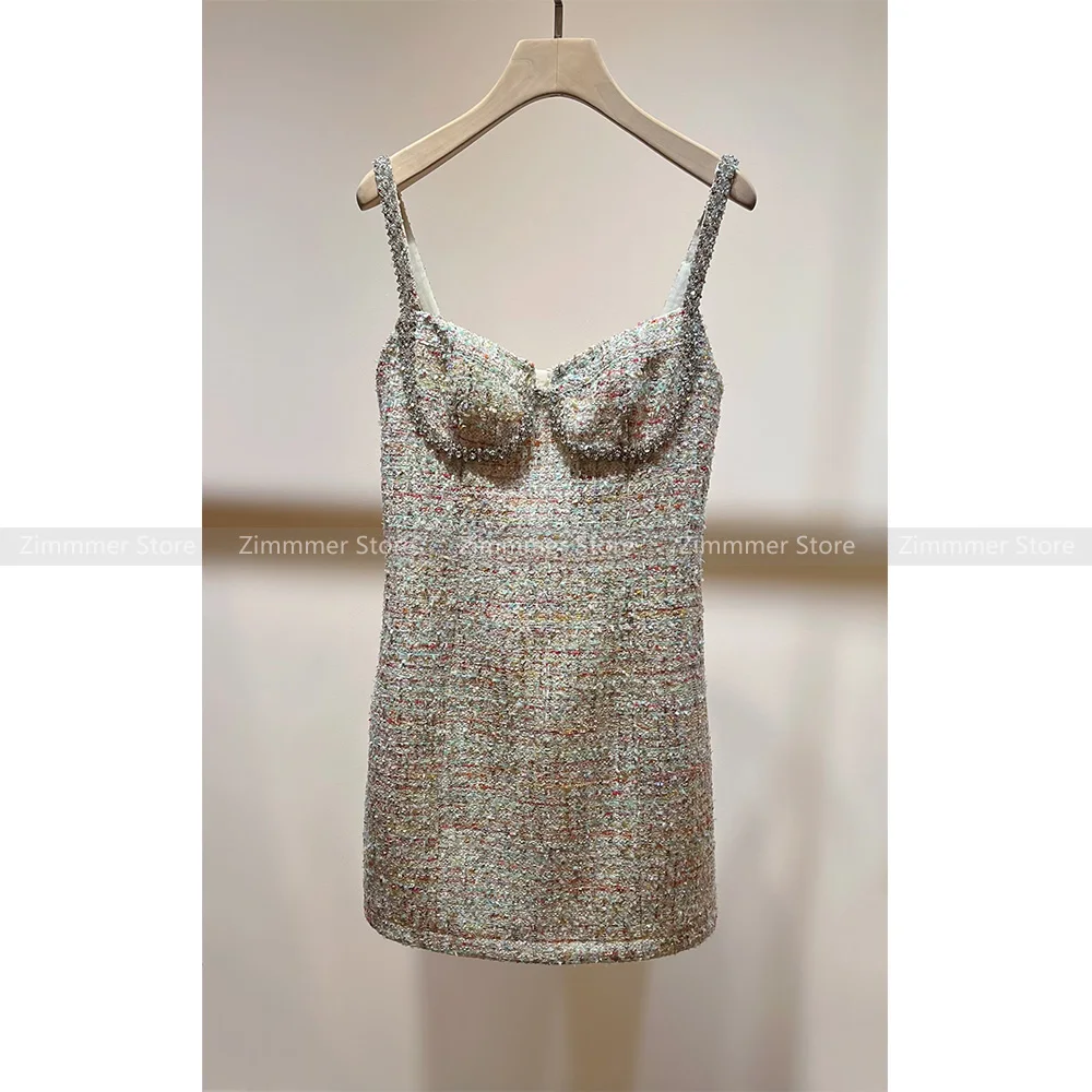 

High-end luxury rich girl rhinestone sequins tweed Slim sexy halter dress short dress