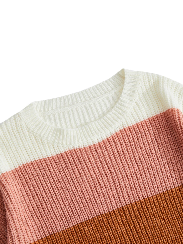 ONELINK O-Neck Wide Pink Khaki Orange Strips Patchwork Plus Size Autumn Winter Women Pullover Sweater Oversize Woolen Clothing