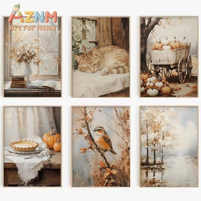 Retro Autumn Landscape Flower Pumpkin Garden Ghost Trees Posters Canvas Printing Wall Art Picture for Kids Room Home Decor
