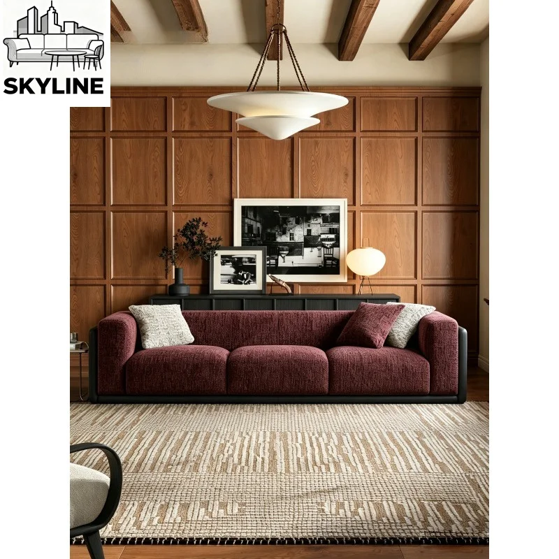 Medieval Solid Wood Frame Straight Fabric Sofa, Removable Washable Couch for Villa & Large Apartment Living Room