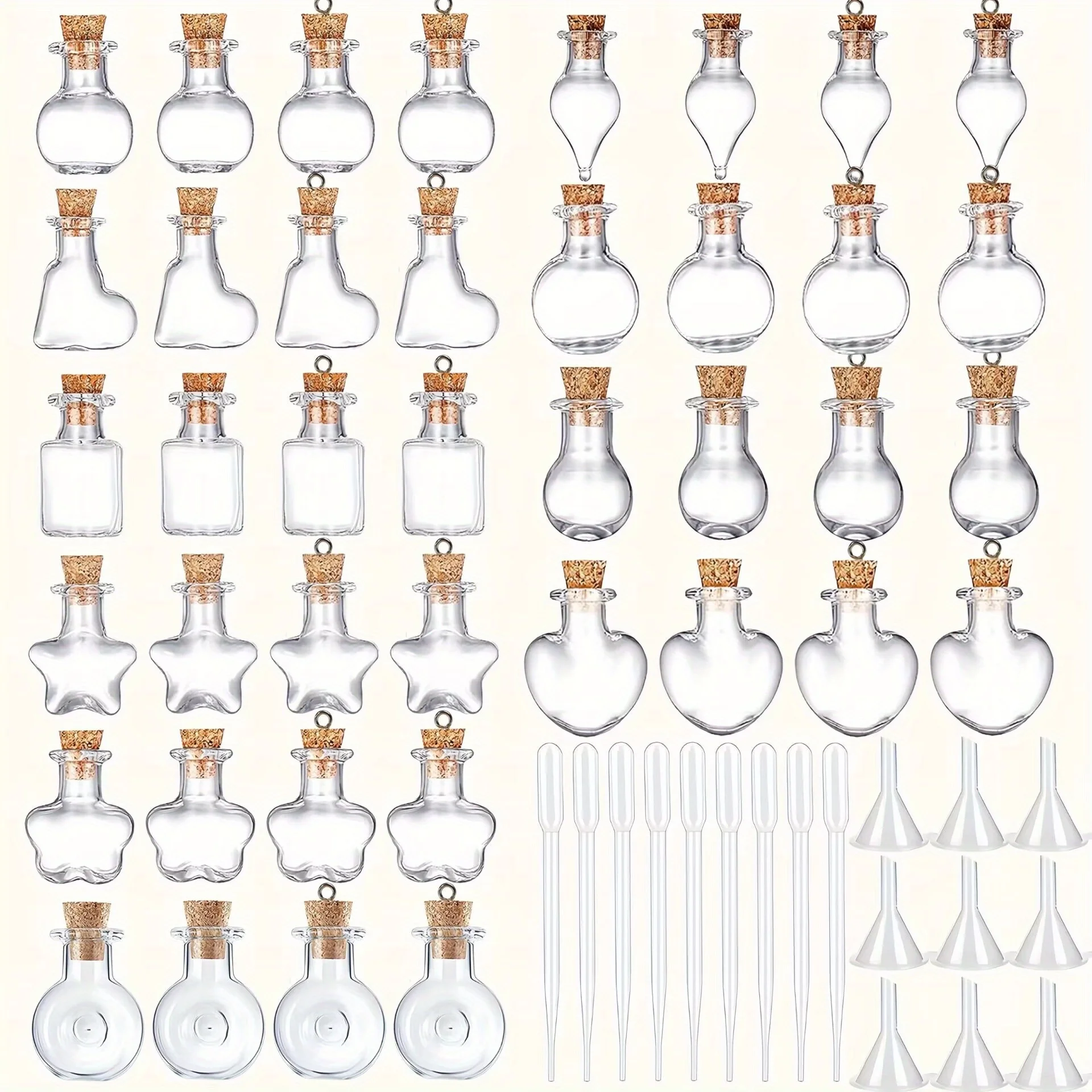 10 different styles of mini glass bottles, available with or without hanging rings, cute mini glass bottles with corks, droppers, and funnels, can be used for DIY pendants, room decoration, storing beautiful jewelry, colorful beads, dispensing liquids, as wishing bottles, drift bottles, decorative bottles, and more