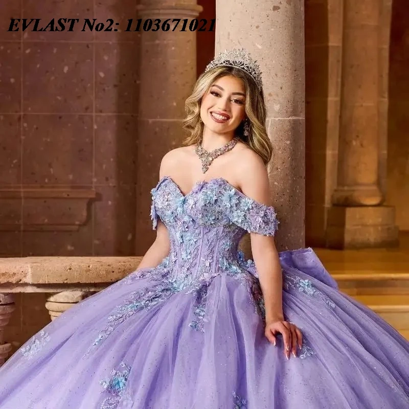 فستان Quinceanera اللامع للأميرة لافندر مخصص من EVLAST فستان حفلة مزين بالدانتيل مطرز بالخرز الحلو 16 فيستدوس 15 أنوس E2QA112