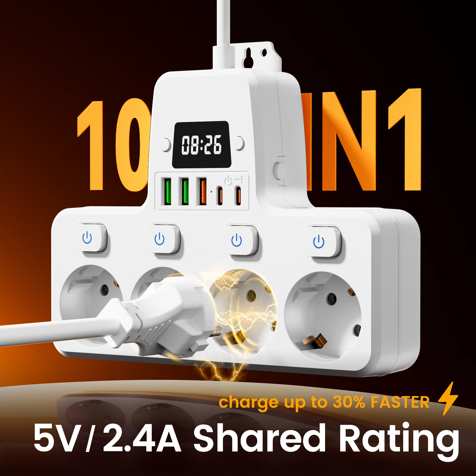 

13-in-1 EU Power Strip with Clock - 4 AC Outlets, 3 USB-A & 2 USB-C Ports, 1.5m/3m Cord, Surge Protection & Switch