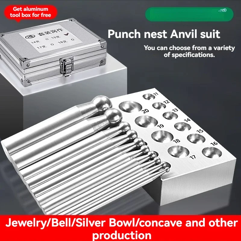 Stamping die base and anvil set—steel jewelry-making tools for crafting gold and silver rings, bracelets, and bells.