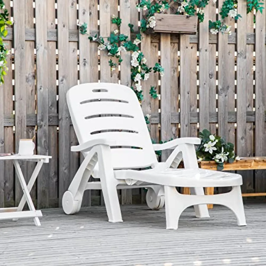 Outdoor Chaise Lounge for Pool Beach Patio Garden, White Aluminum Frame with 5-Level Adjustable Backrest and Wheels, Folding Ta