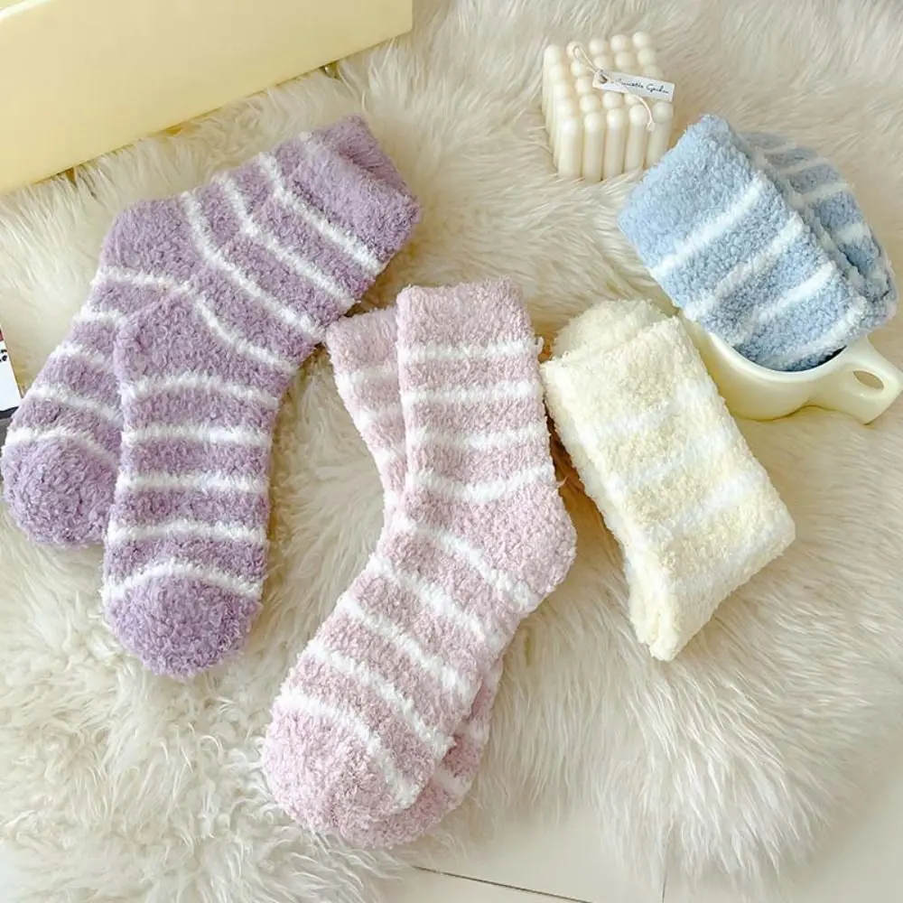 

6Pairs Warm Stripe Coral Fleece Socks Warm Thicken Velvet Socks Hosiery Soft Sleeping Socks Girls