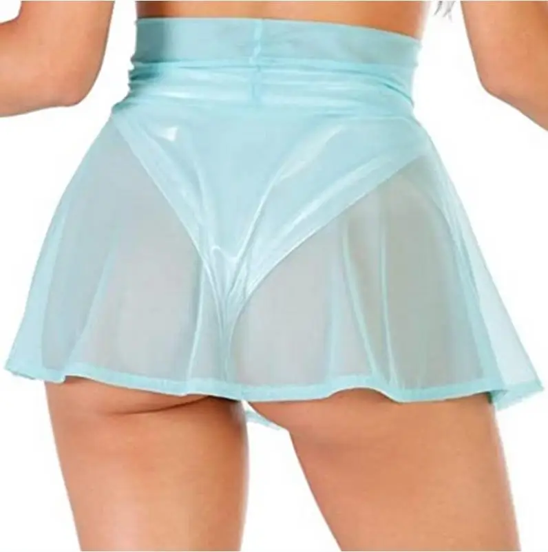 Women Fishnet Short Pleated Mini Skirt A-Line Rave High Waist Solid Color See Through Skirt