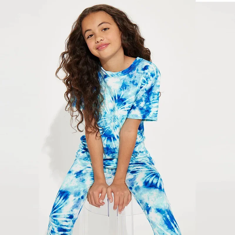 

Spring Summer Kids Clothes Sets Girls Casual Tie-dye Short Sleeve T-shirt Top + Slim Fit Pants Children's Sports Clothing