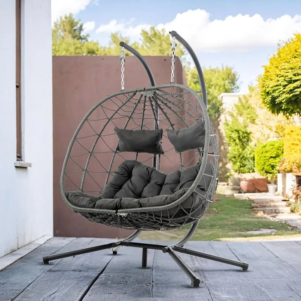 2 Person Double Egg Swing Chair with Stand Indoor Outdoor, Hammock Egg Chair Outdoor, Patio Wicker Hanging Egg Chair w/Cushion 7