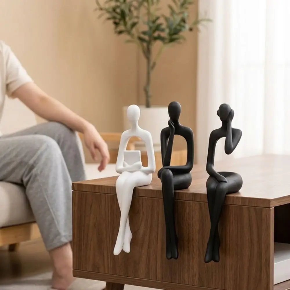 3Pcs Minimalist Abstract Sitting Human Sculpture Set Long Leg 3D Printed Hollow Reading Thinking Figurine Handmade Plastic