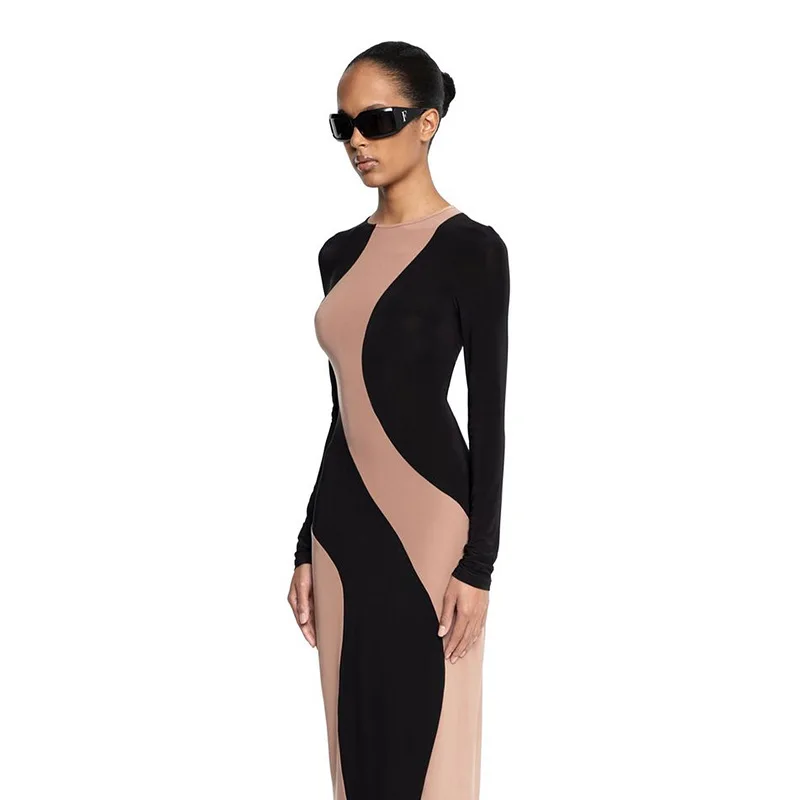 Sexy Long Sleeve O-neck Color Matching Long Dress For Women Slim Fit High Waist Elegant Autumn Bodycon Evening Dresses Vestidos