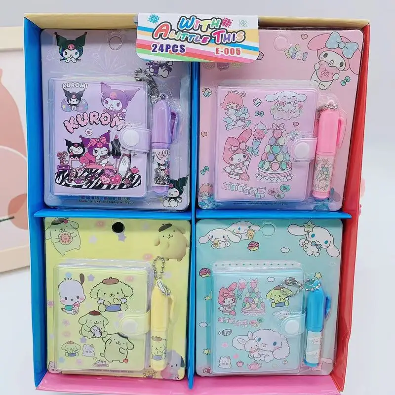 24pcs Sanrio Mini Cartoon Hand Ledger Kuromi Button Book Cute Kitty Writing Book With Pen Case School Stationery Gift Wholesale