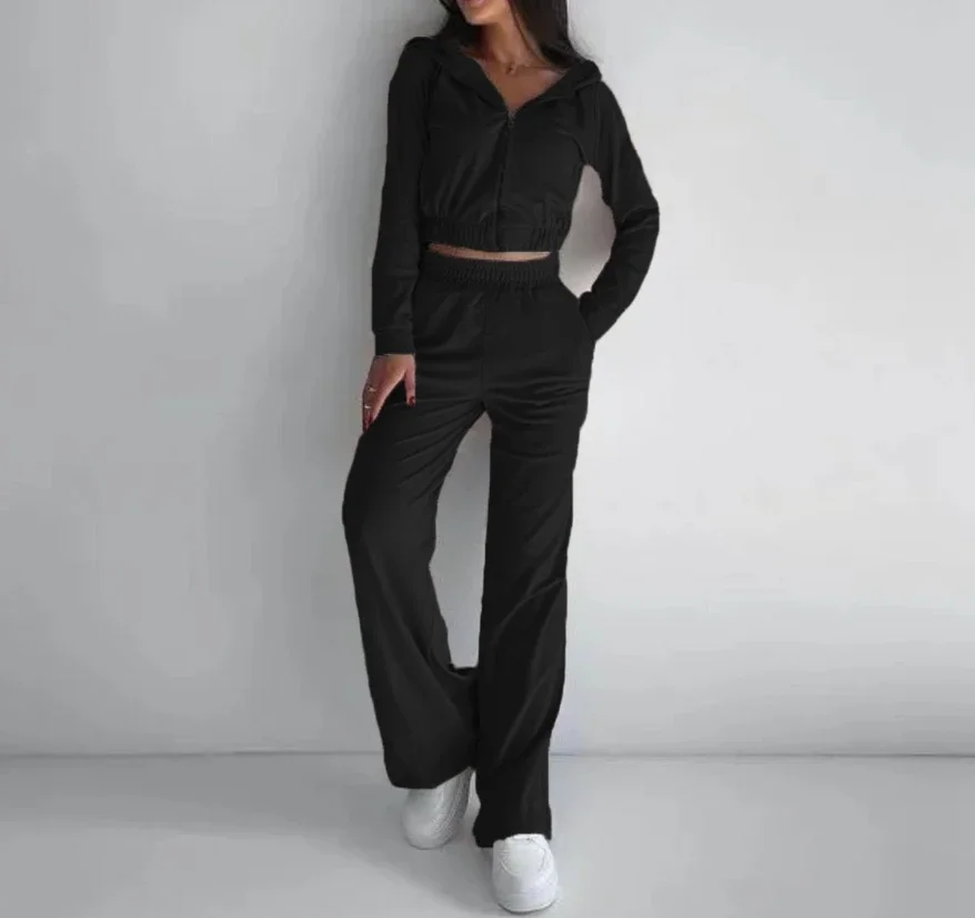 Two Piece Set Women Outfit 2023 Spring Fashion Solid Long Sleeve Crop Hooded Sweatshirt & Casual High Waist Pocket Pants Set