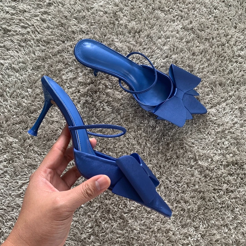 Women\'s Shoes 2024 New Fashion Bow Slingback High Heels Sexy Dress Stiletto Heel Pointed Toe Women High Heel Sandals