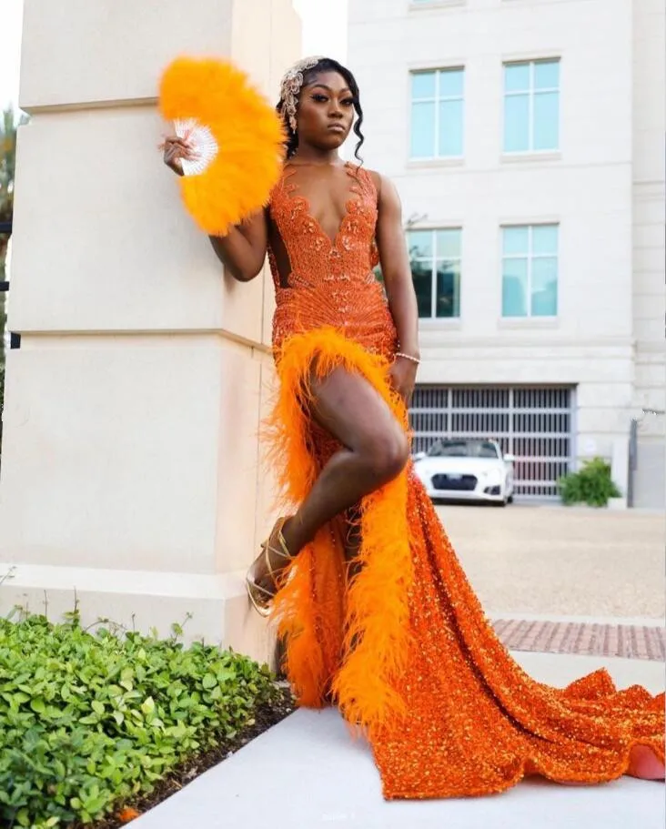 Orange Sparkly African Evening Reception Dresses for Women Luxury Diamond Crystal Feather Slit Prom Gown vestidos de fiesta