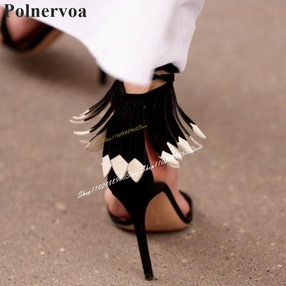 Black And White Cloth Decoration Sandals Thin High Heel Shoes For Women Lace Up Open Toe 2024 Fashionable Zapatos Para Mujere