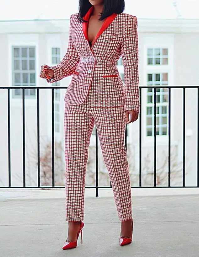 Women Suit Set Temperament Commuting Work Contrast Paneled Plaid Print Shawl Collar Button Long Sleeve Blazer Coat and Pants Set