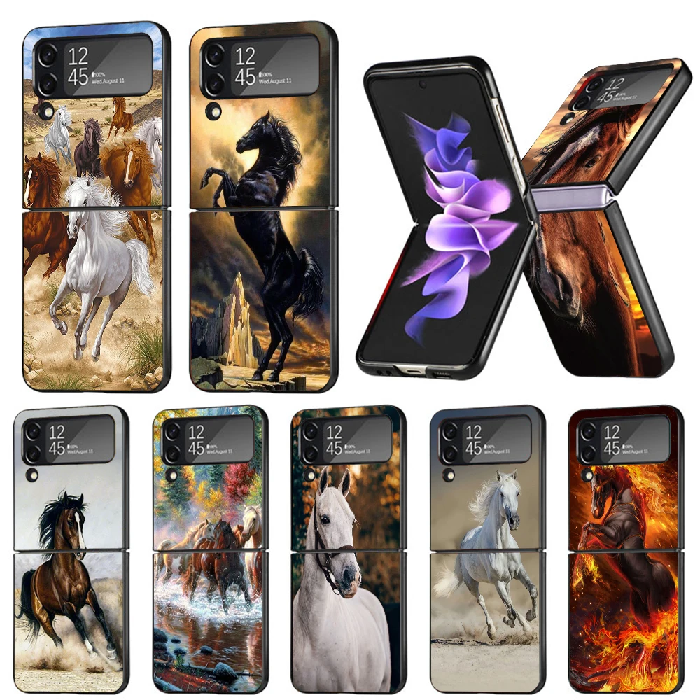 Horse Great Beauty Galloping Hard Black Cover for Samsung Galaxy Z Flip 4 3 5 5G Phone Case Flip4 Flip3 Flip5 Pattern Luxury Sho